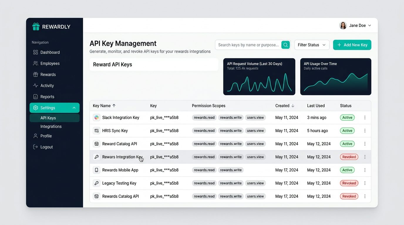rewradgeteway dashboard — API key management control panel